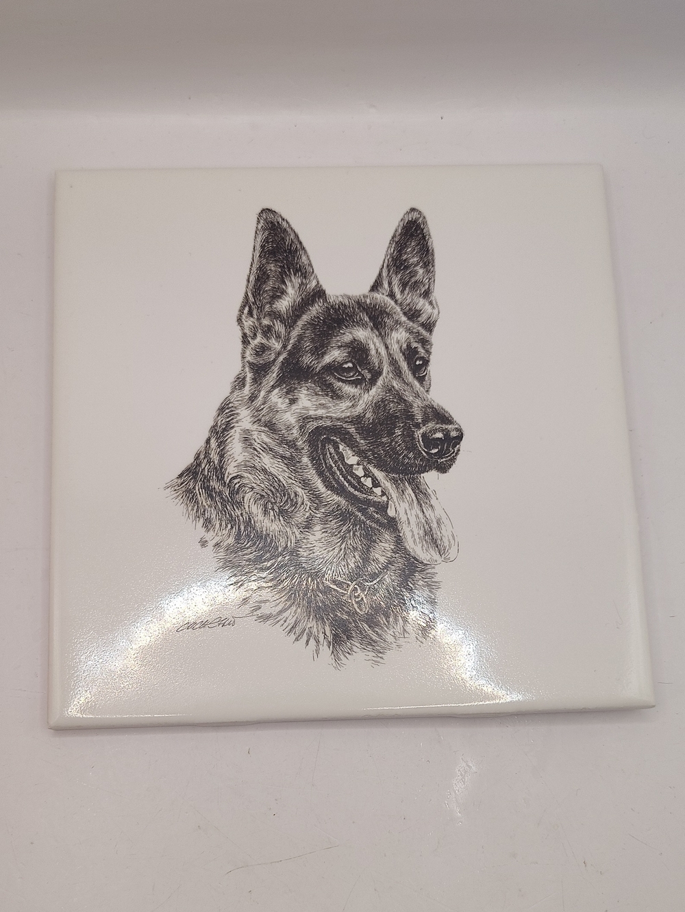 Vintage White Ceramic Tile, Trivet with Black German Shepherd Illustration 6"